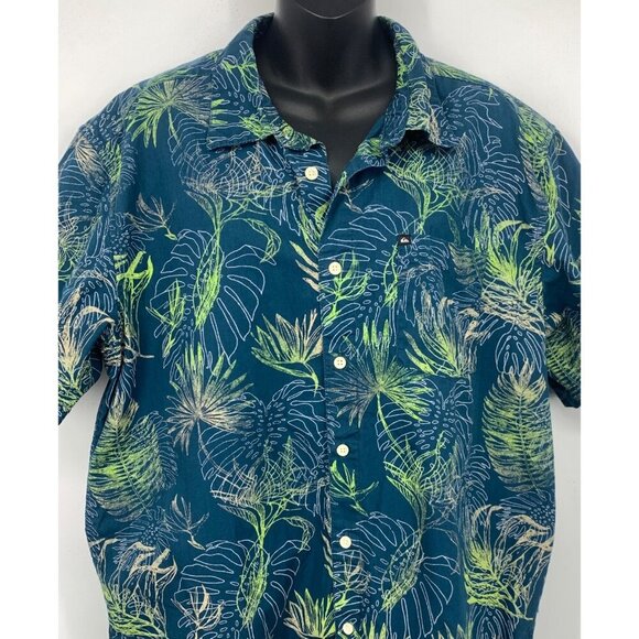 Quicksilver Size Large Short Sleeve Men Button Up Shirt Blue Green Floral Aloha - Picture 2 of 6